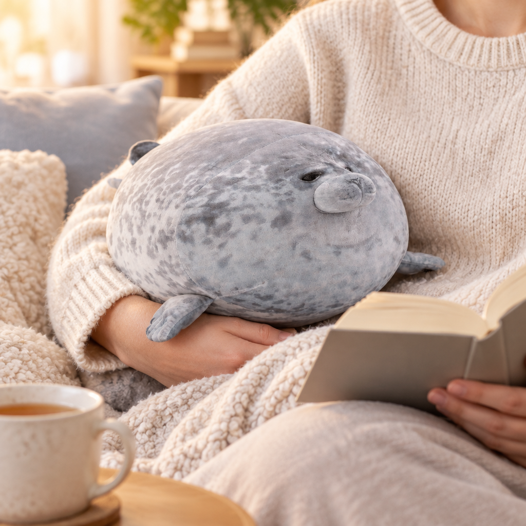 Chubby seal plushie tucked under an arm in a cozy reading nook