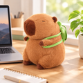 Capybara plushie with turtle backpack on a study desk