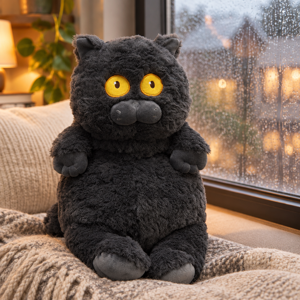 Fluffy cat plushie on a cozy window seat
