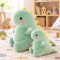 Green, yellow and pink dinosaur plushies in a kids' playroom