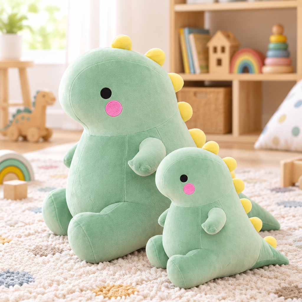 Green, yellow and pink dinosaur plushies in a kids' playroom