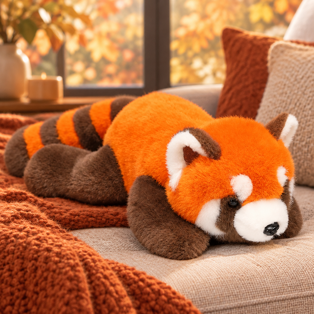Fluffy red panda and fox plushie on an autumn sofa