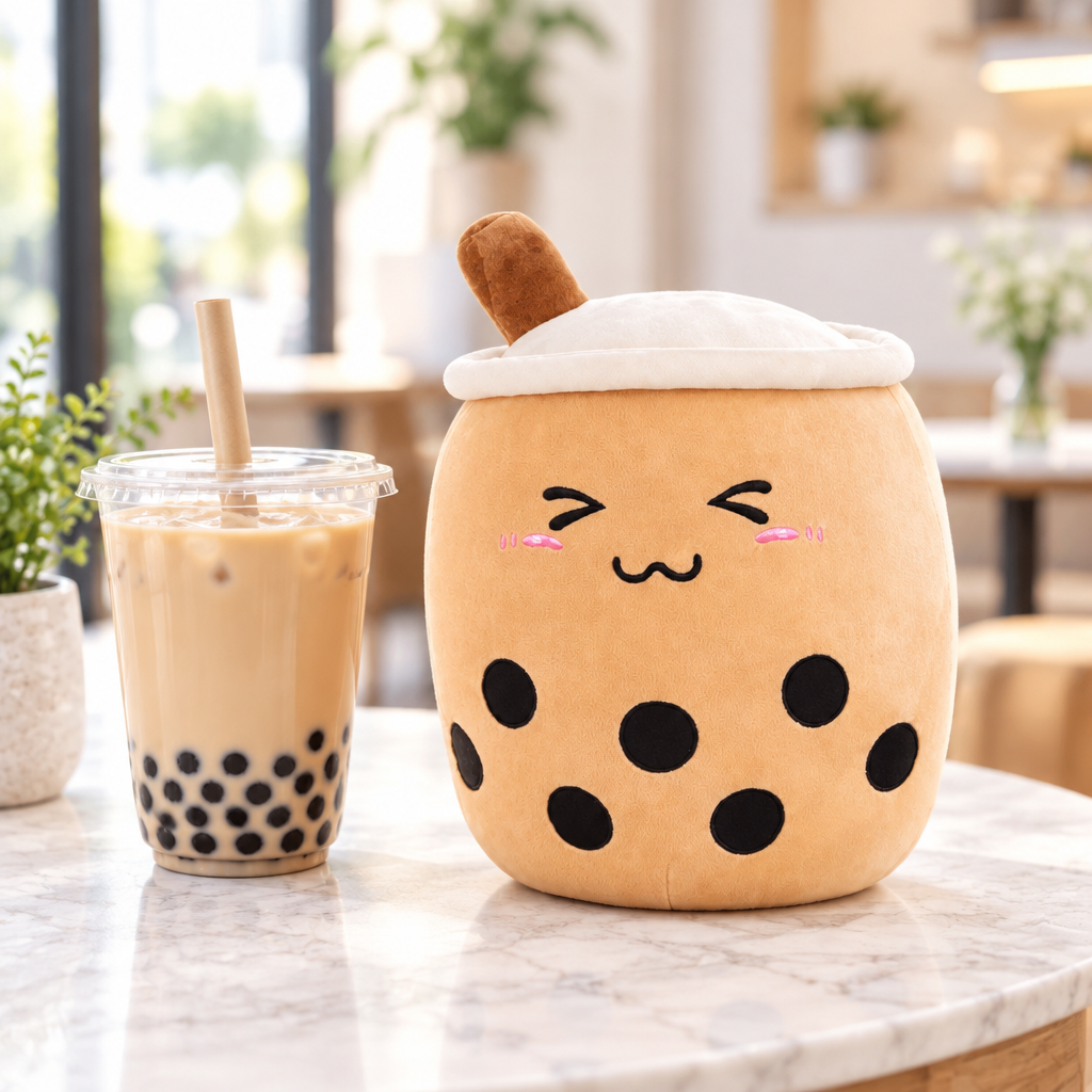 Bubble tea family plushie on a cafe table