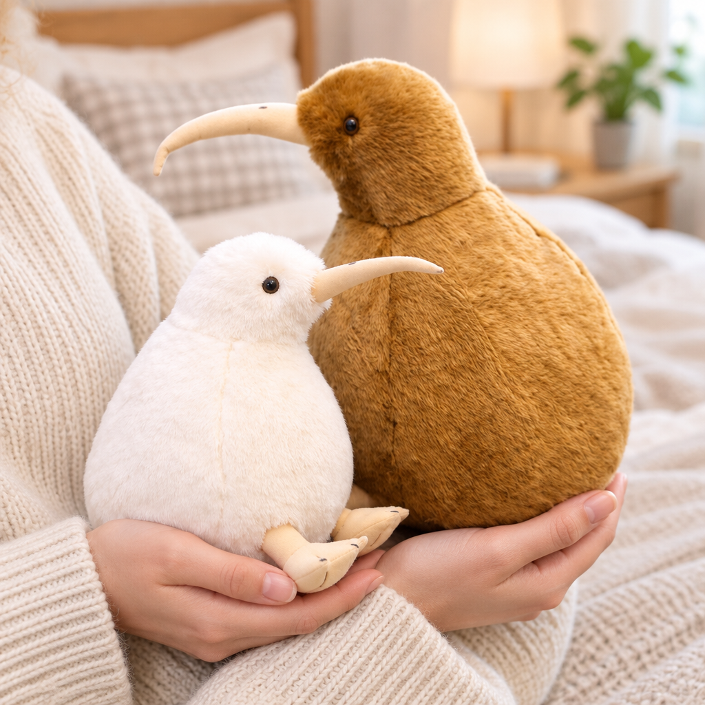 Chonky kiwi bird plushie held in two hands