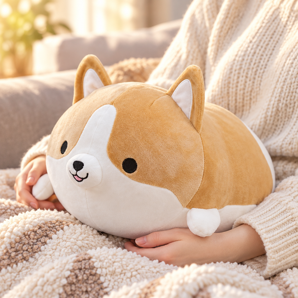 Corgi cuddle buddy plushie on a lap on the sofa