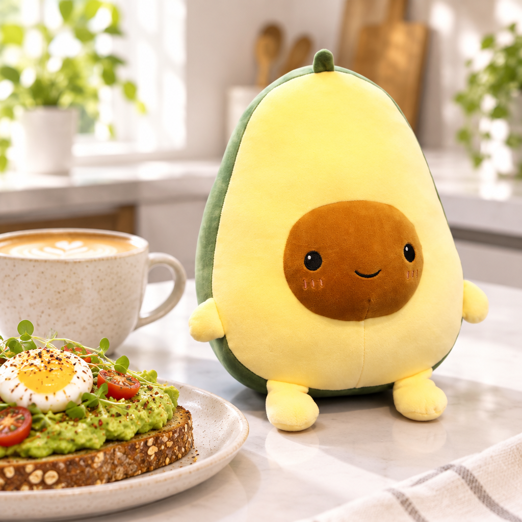Awkward avocado plushie on a kitchen bench at brunch