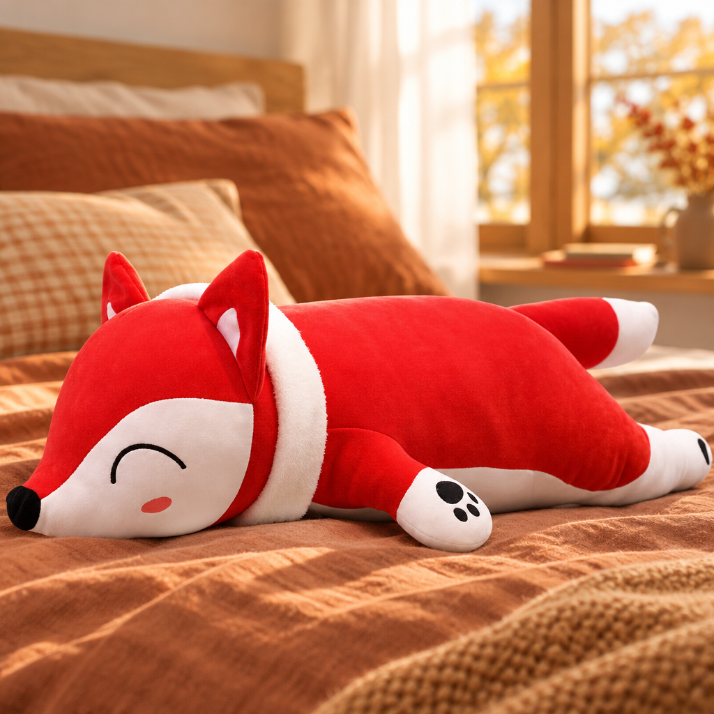 Cuddly fox plushie on an autumn bed