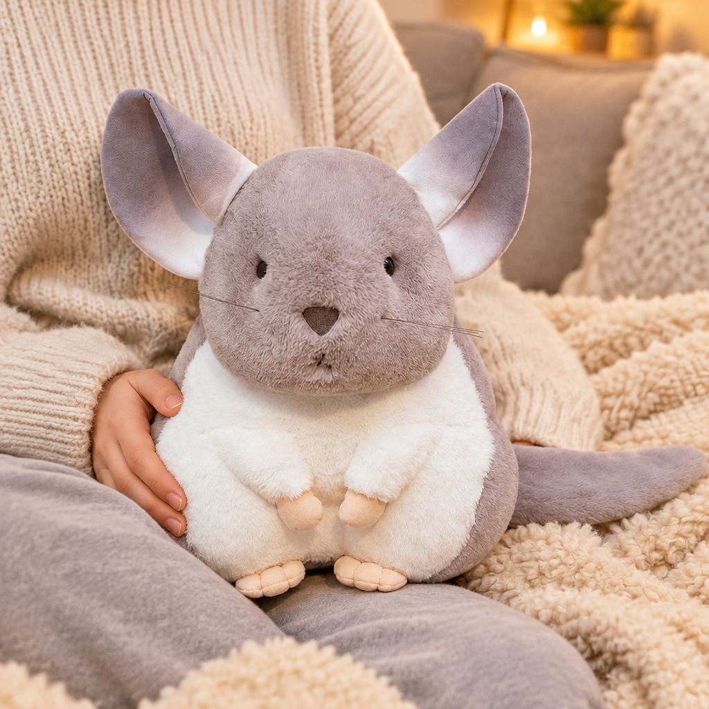 Chinchilla plushie in a lap on a fluffy blanket