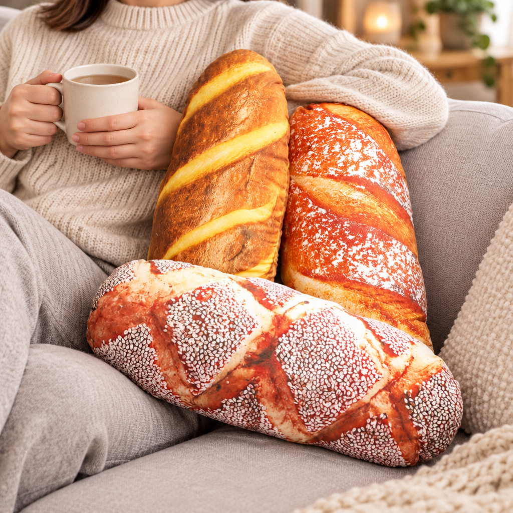 Baguette bread plushie used as a cushion on the sofa