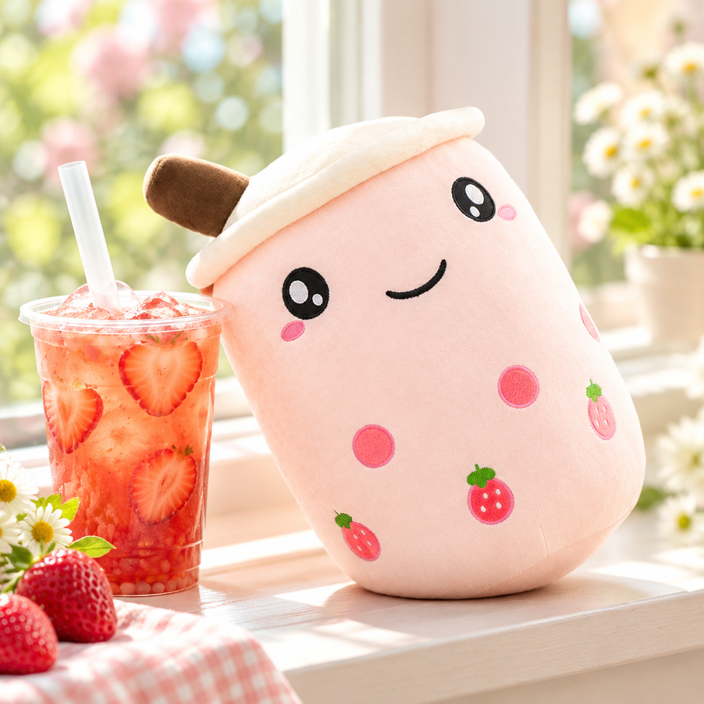 Fruit bubble tea plushie on a sunny window ledge