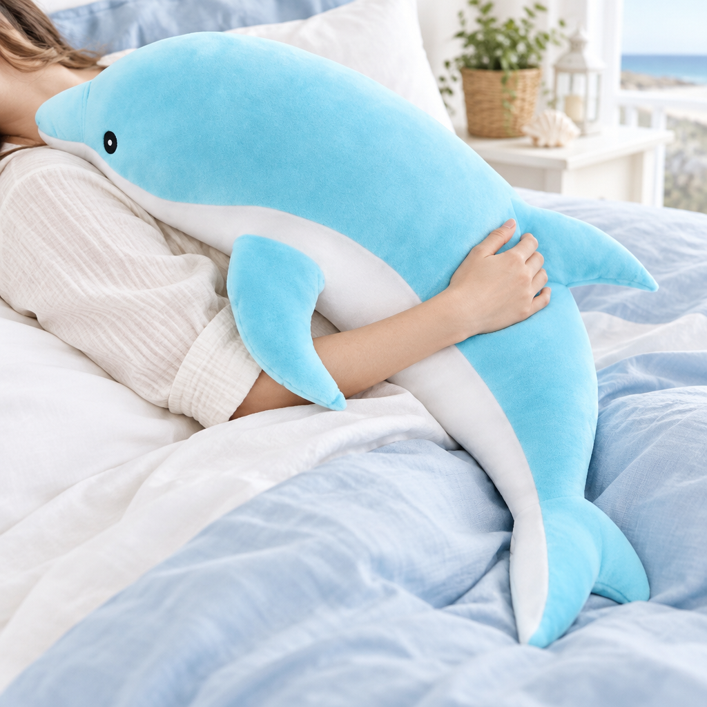 Dolphin plushie hugged in a coastal bedroom