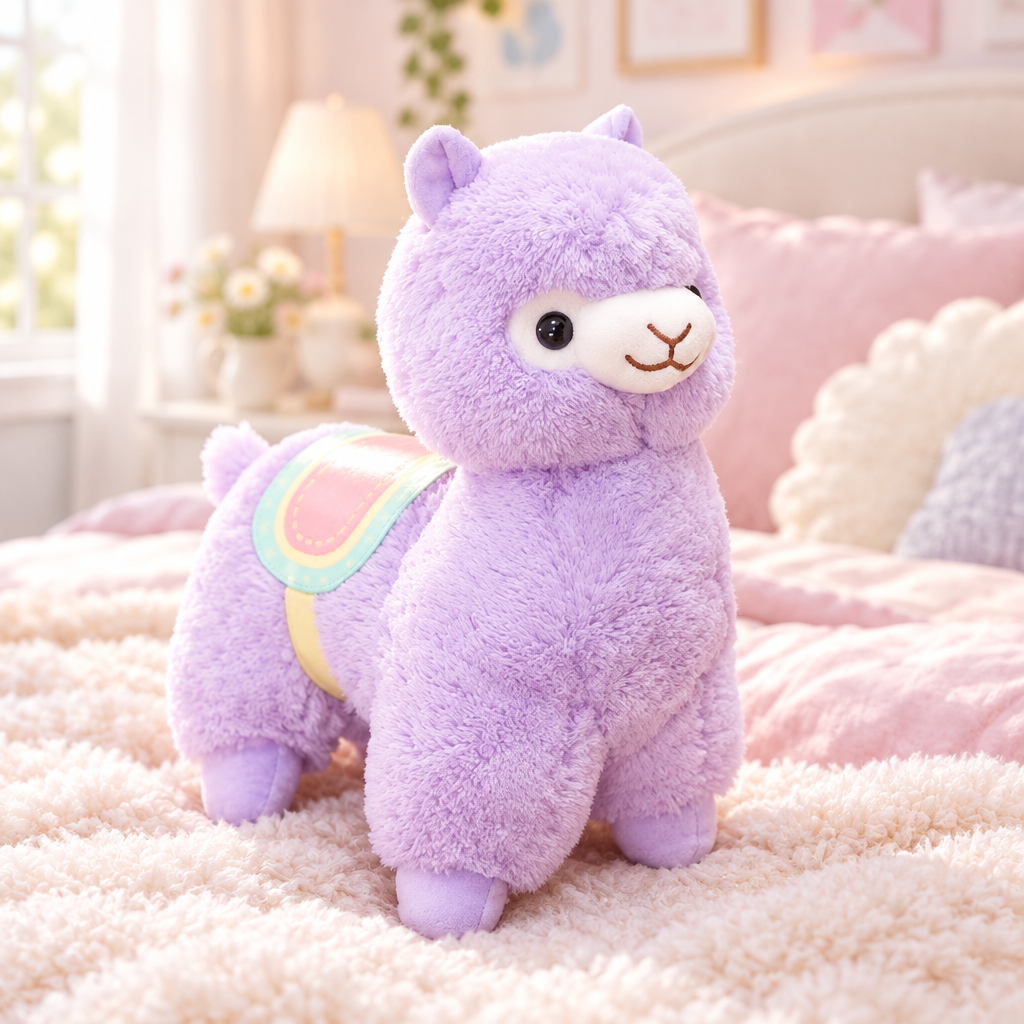 Fluffy alpaca plushie on a pastel bed