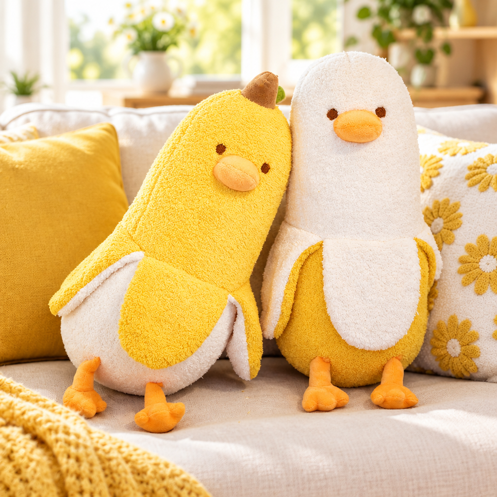 Fluffy banana duck plushie on a sunny sofa