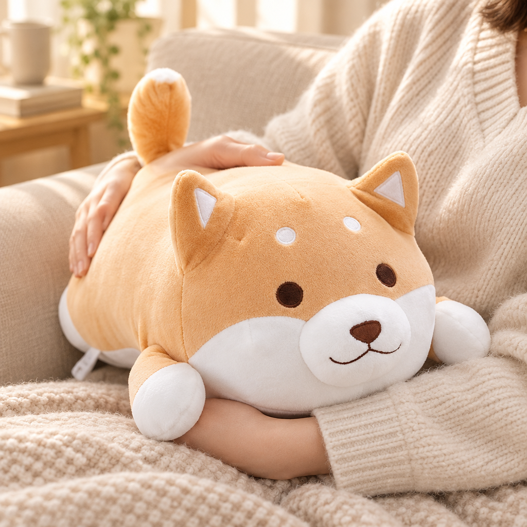 Chubby shiba inu plushie cuddled on a sofa
