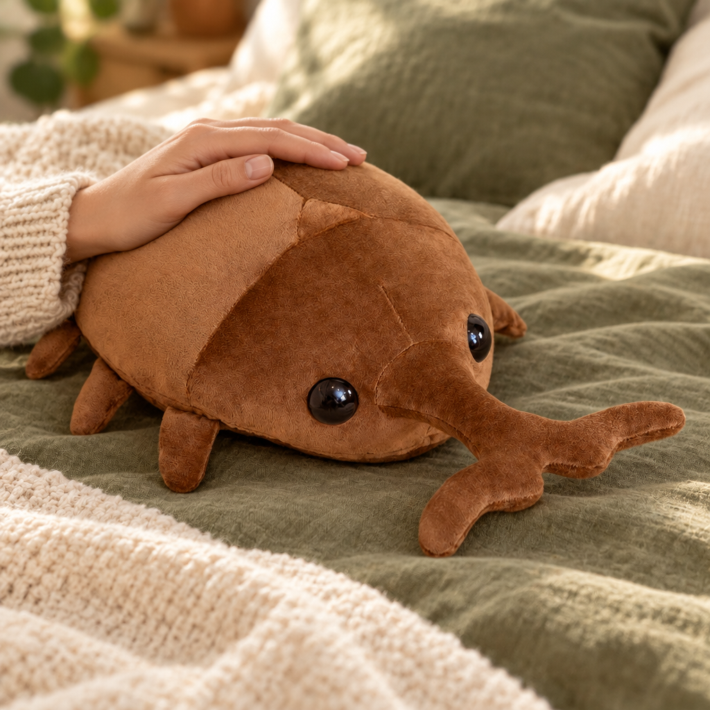 Dung beetle plushie on a cozy bed