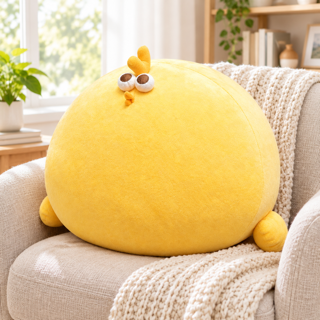 Chonky yellow chicken plushie on a cozy armchair