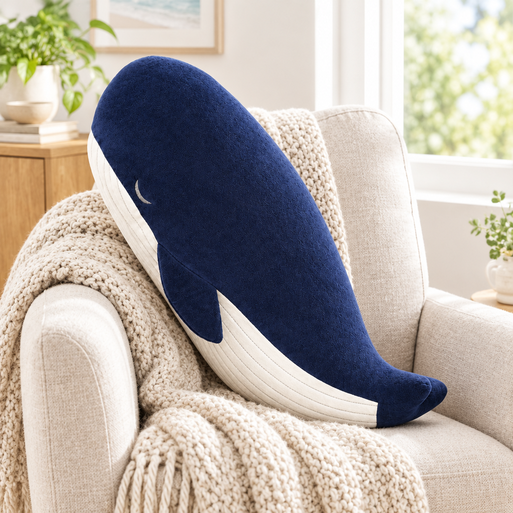 Deep blue whale plushie on a cozy armchair