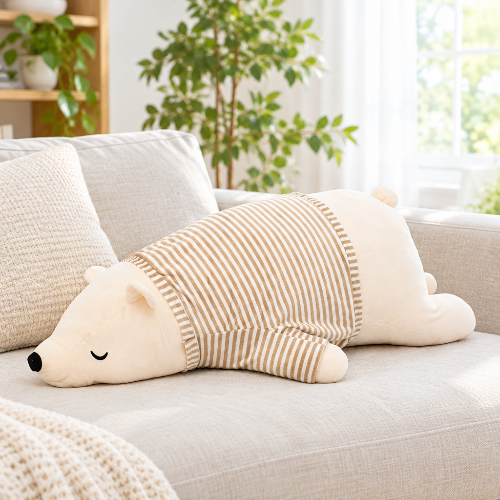 White chill bear plushie with shirt on a living room sofa