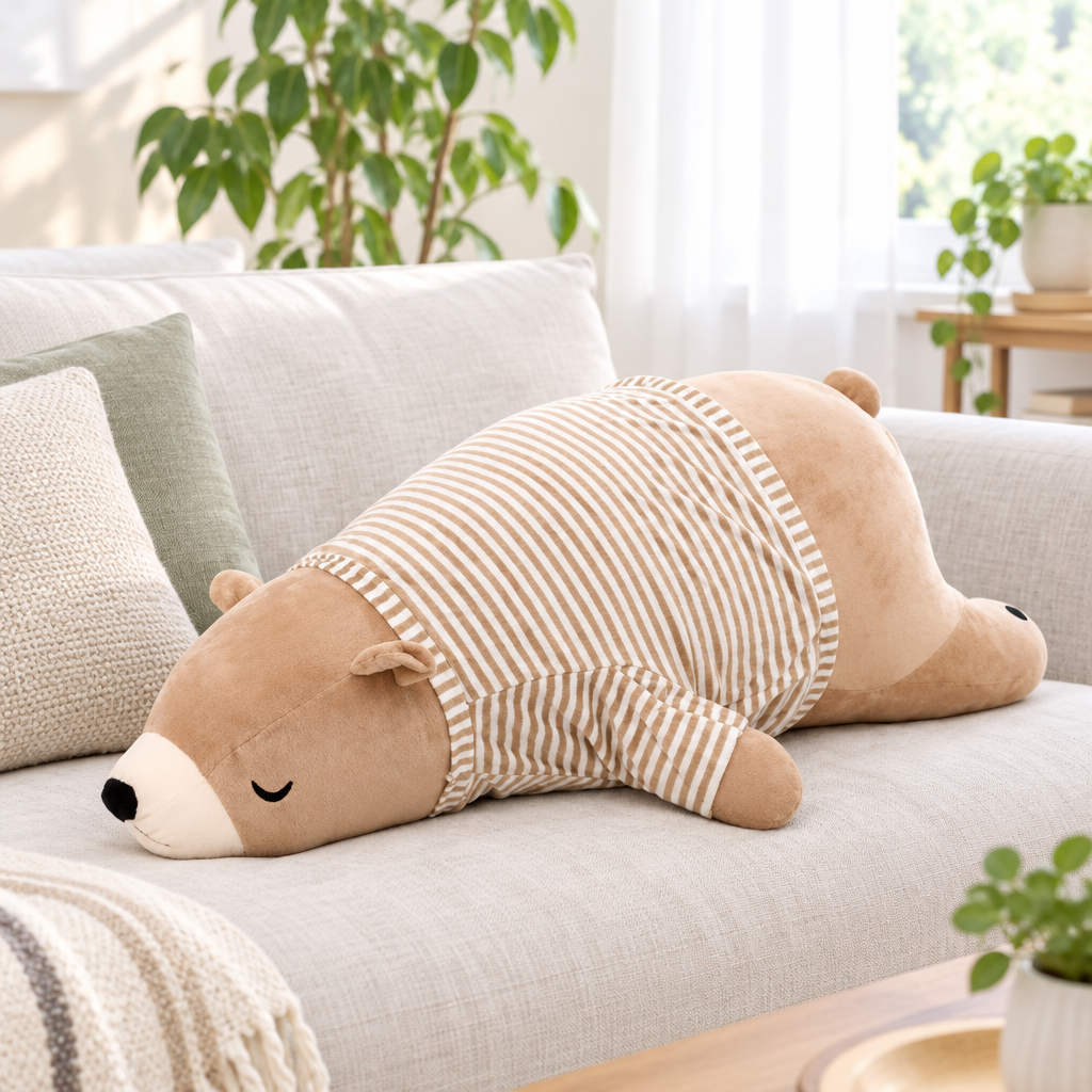 Brown chill bear plushie with shirt on a living room sofa