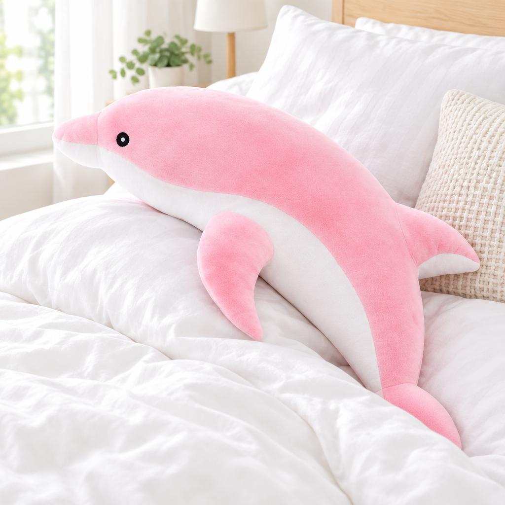 Pink dolphin plushie on a cozy bed