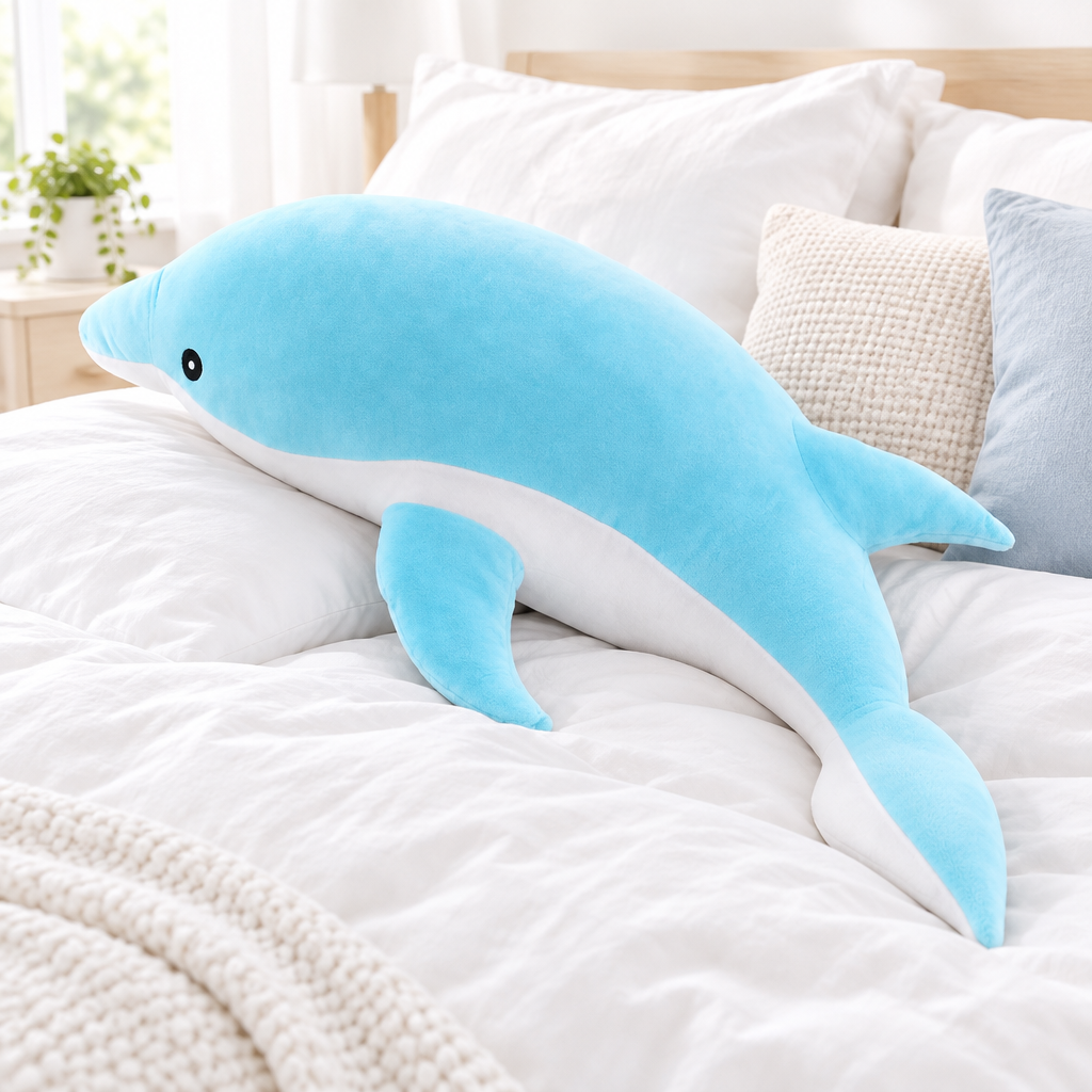 Blue dolphin plushie on a cozy bed