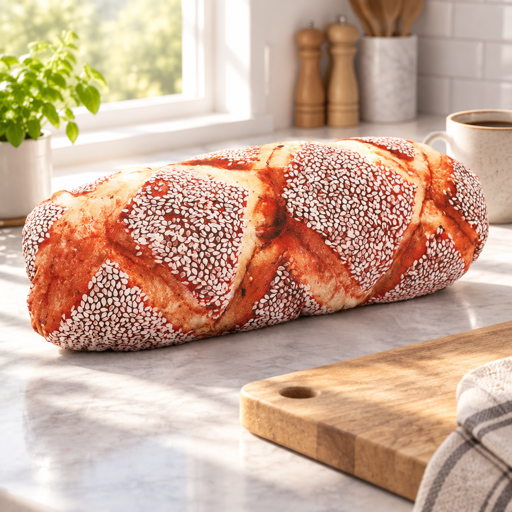 Sesame baguette bread plushie on a kitchen counter