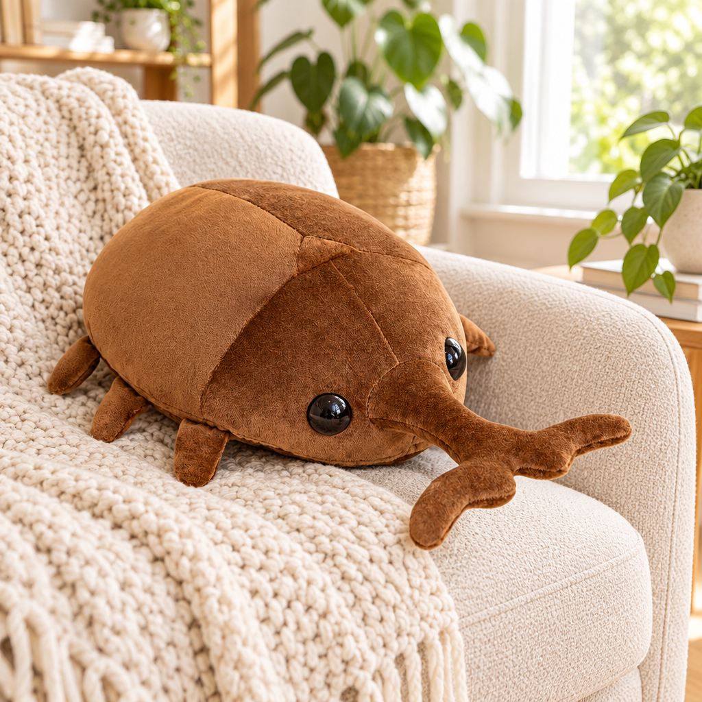 Dark dung beetle plushie on a cozy armchair
