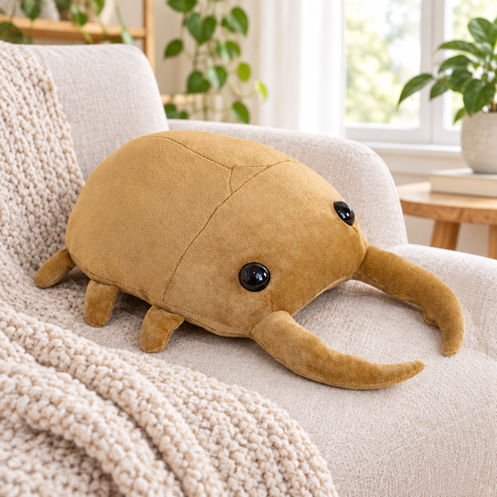 Light dung beetle plushie on a cozy armchair