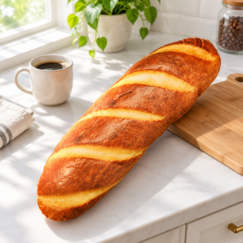 Butter baguette bread plushie on a kitchen counter