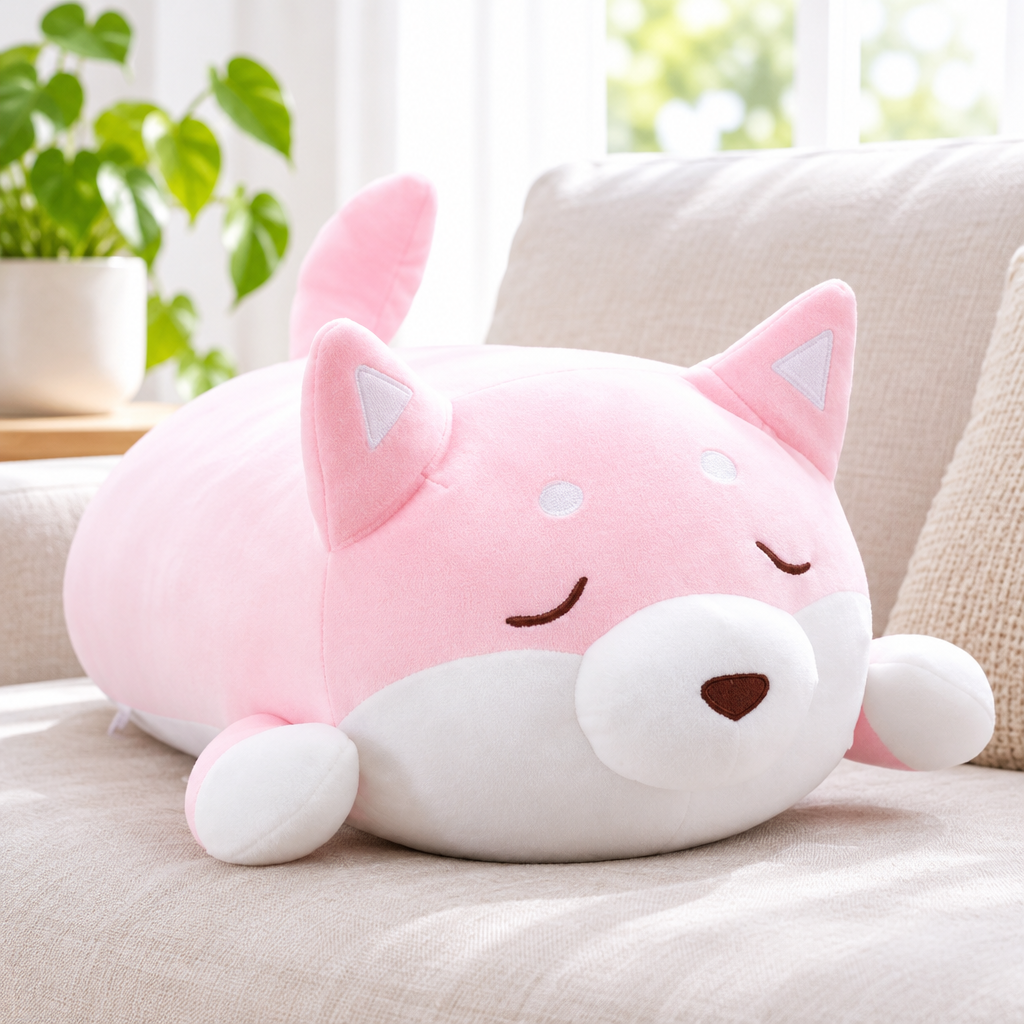 Pink sleeping shiba inu plushie on a living room sofa