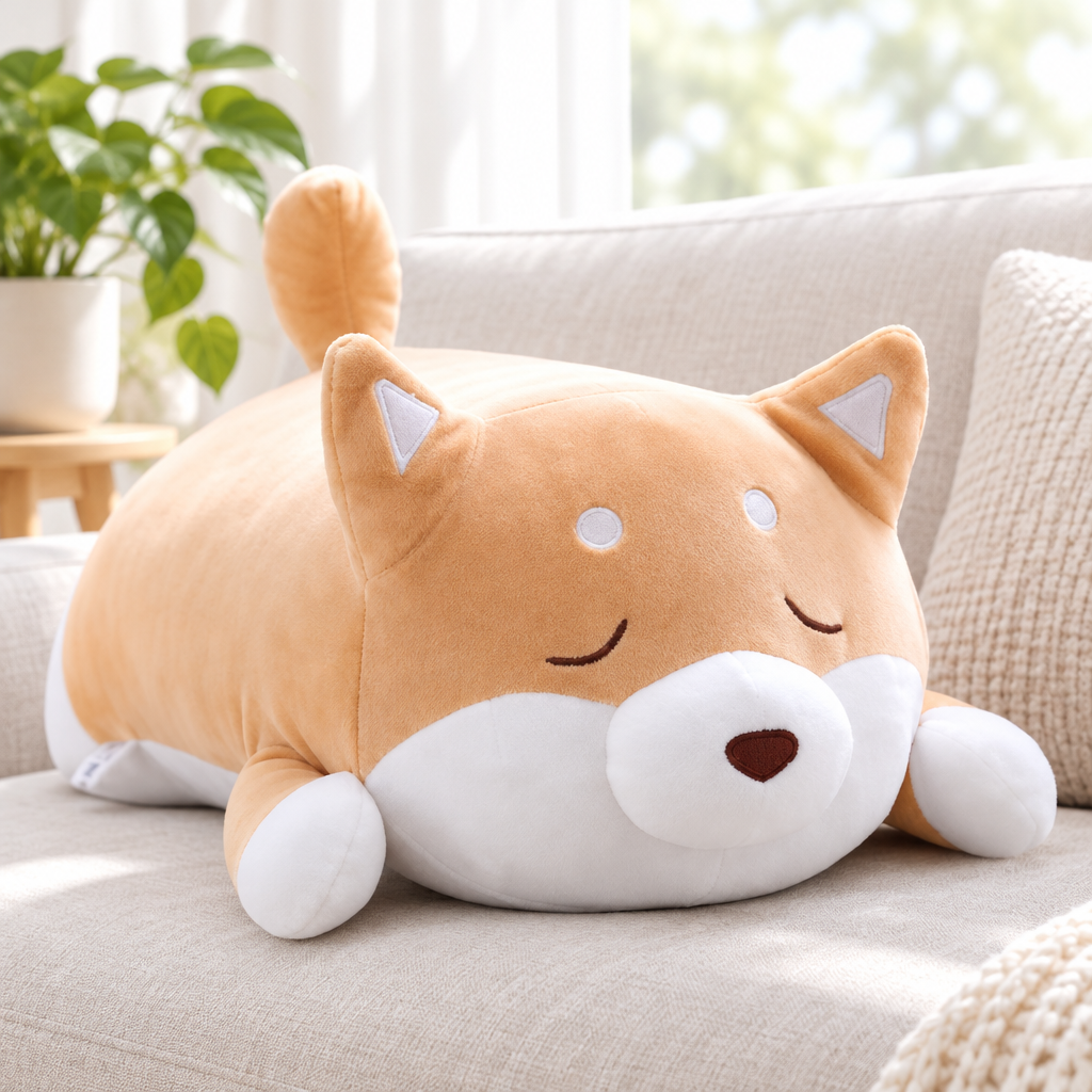 Brown sleeping shiba inu plushie on a living room sofa