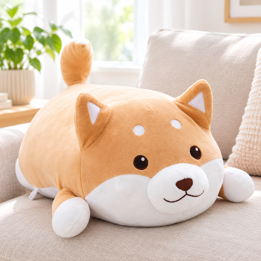 Brown awake shiba inu plushie on a living room sofa