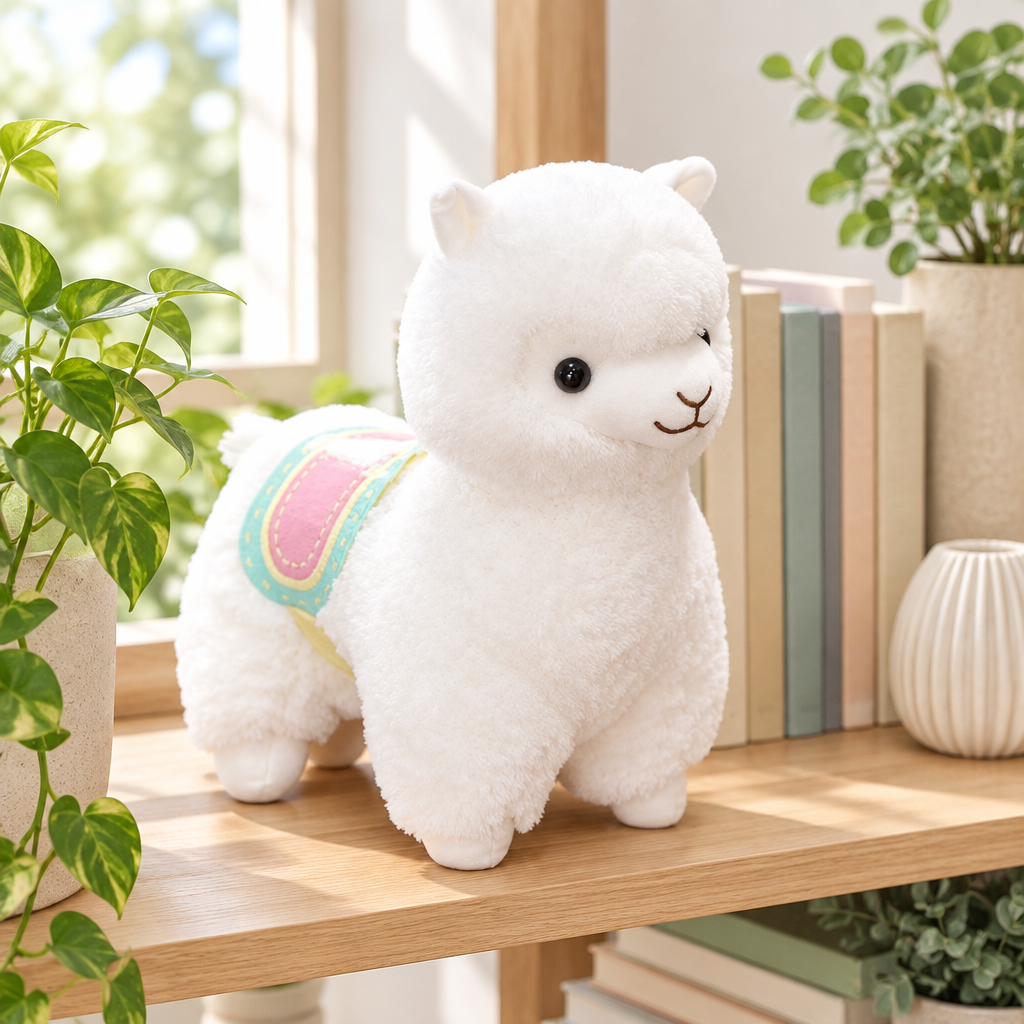 White fluffy alpaca plushie on a living room shelf