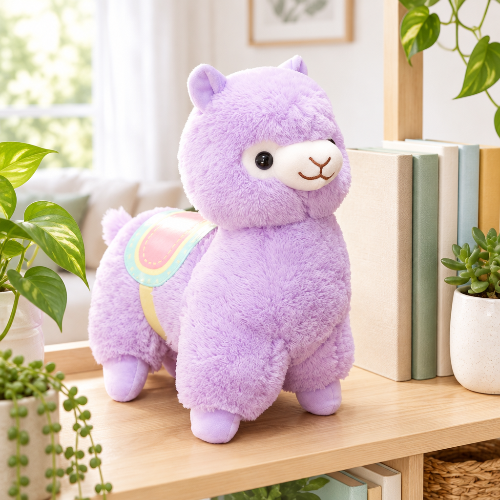 Purple fluffy alpaca plushie on a living room shelf