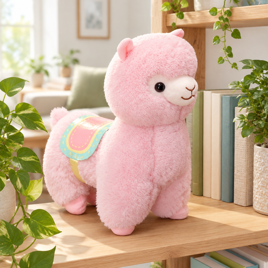 Pink fluffy alpaca plushie on a living room shelf