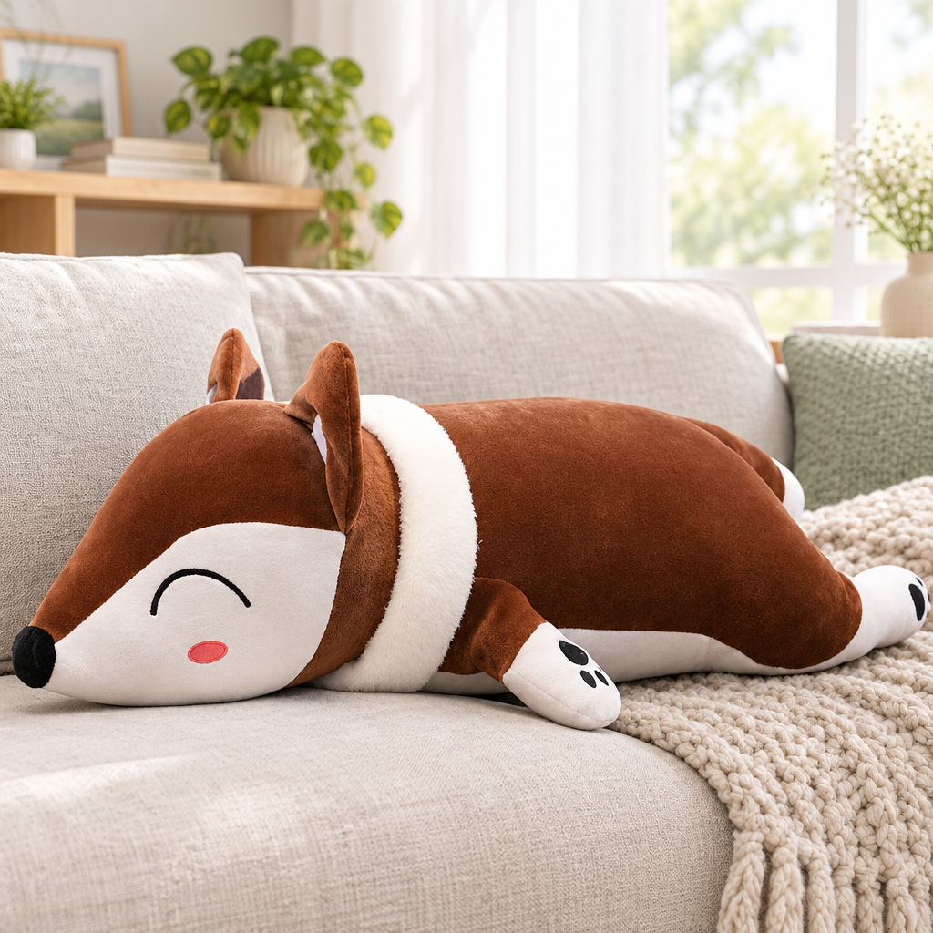 Brown fox plushie pillow on a living room sofa