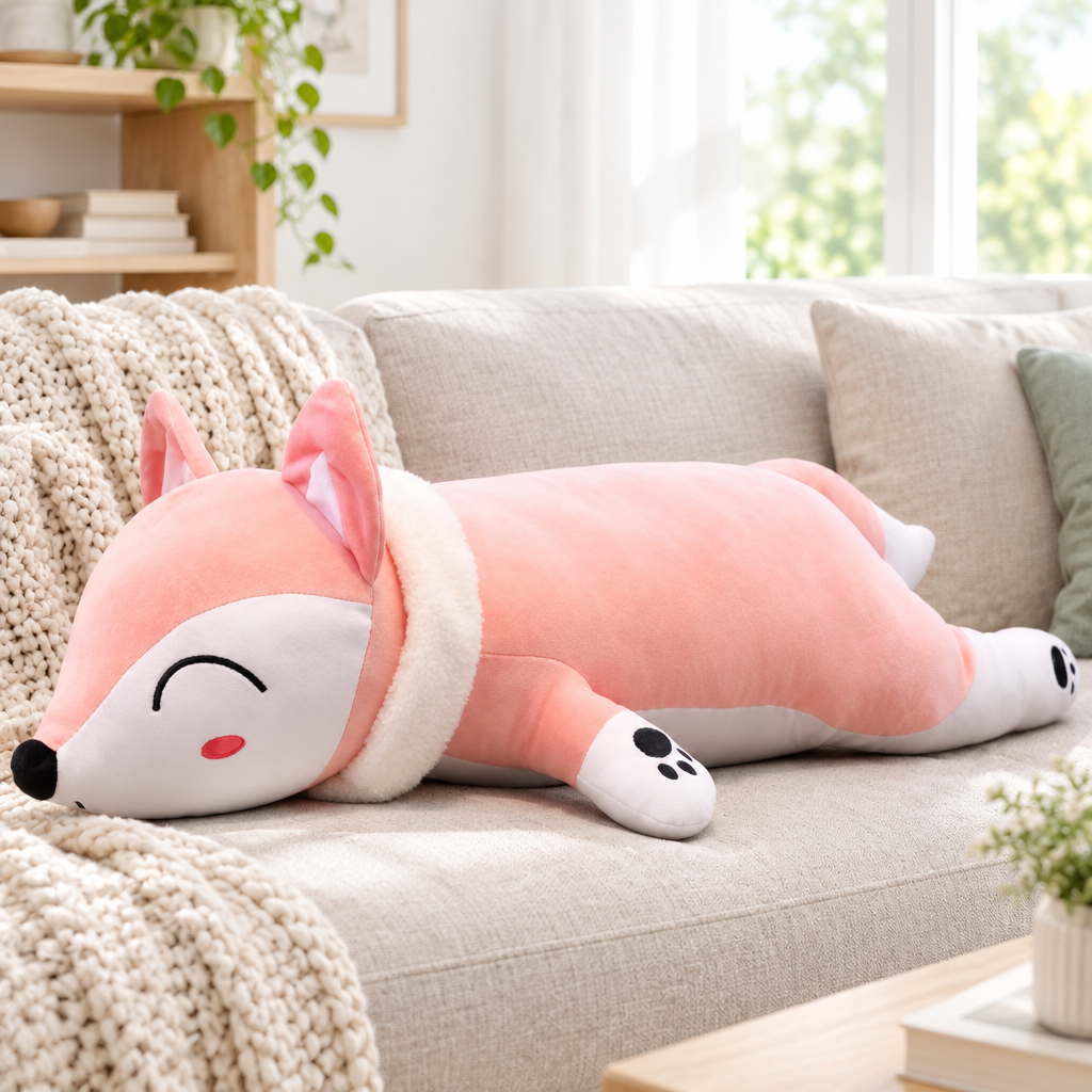 Pink fox plushie pillow on a living room sofa