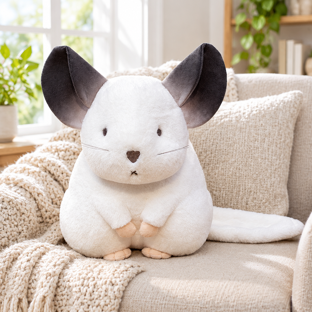 White chinchilla plushie on a cozy armchair