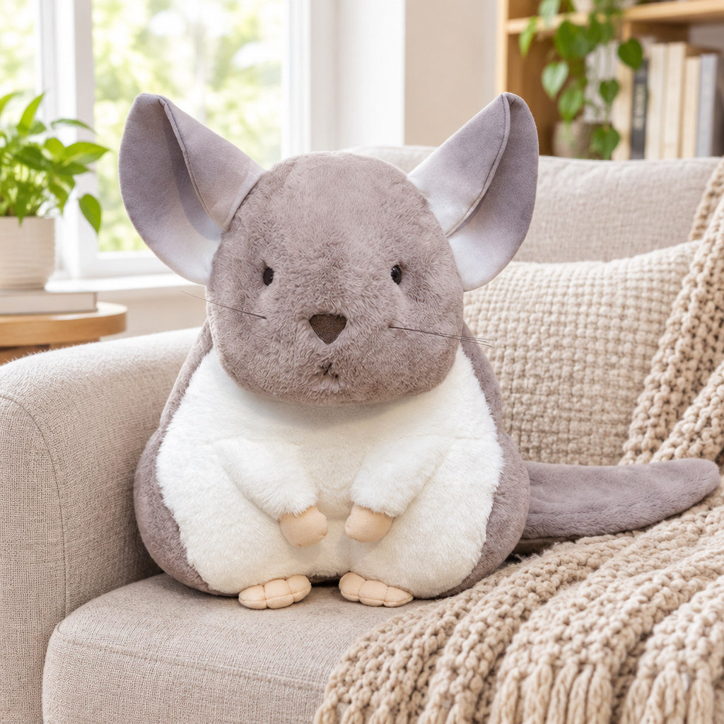 Grey chinchilla plushie on a cozy armchair