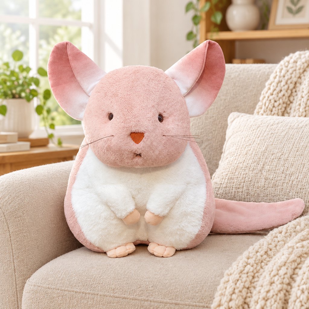 Pink chinchilla plushie on a cozy armchair