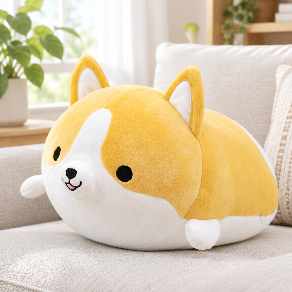 Yellow corgi plushie on a living room sofa