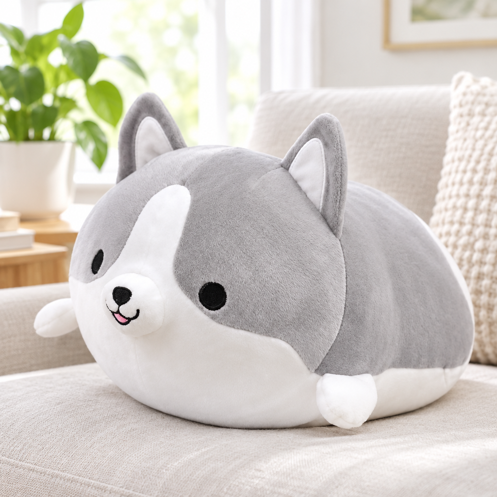 Grey corgi plushie on a living room sofa