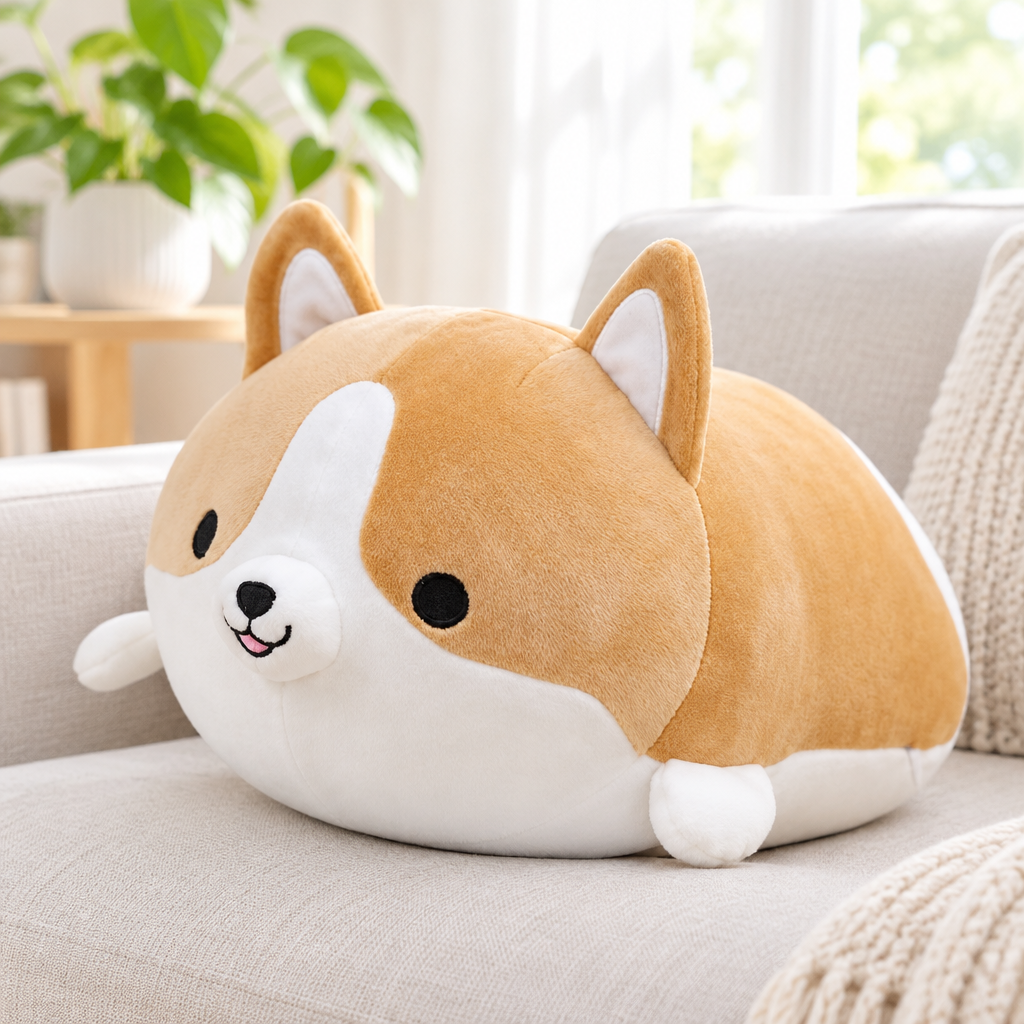 Brown corgi plushie on a living room sofa