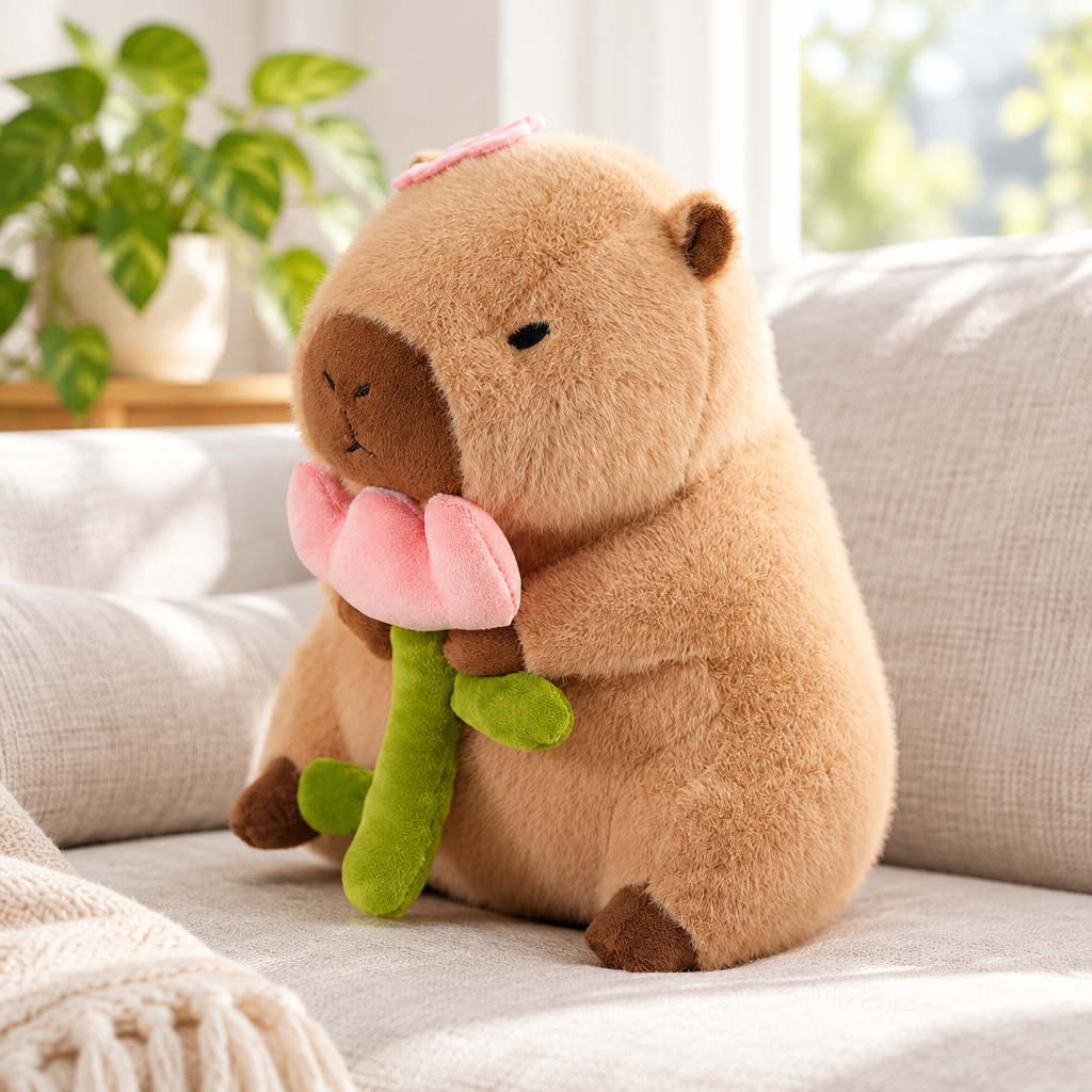 Flower capybara plushie on a living room sofa