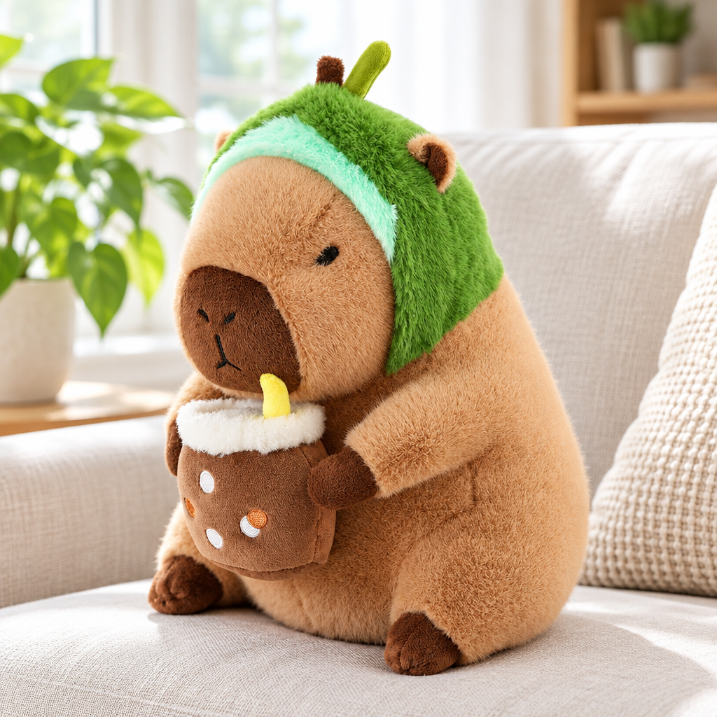 Avocado capybara plushie on a living room sofa