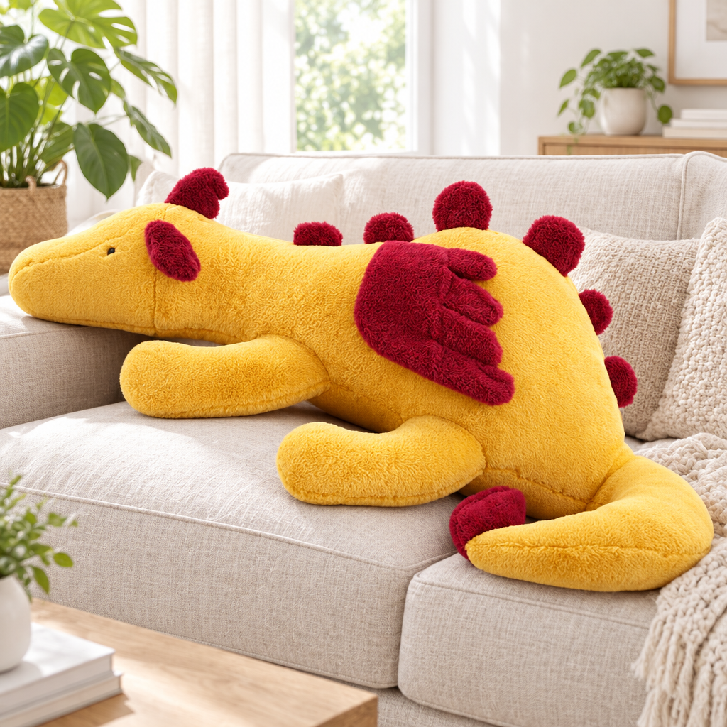 Gold long dragon plushie pillow on a living room sofa