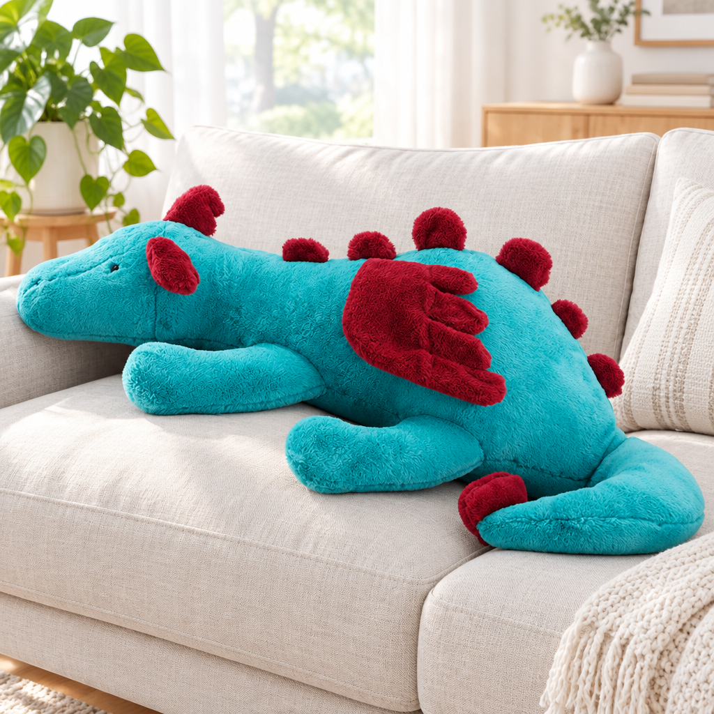 Green long dragon plushie pillow on a living room sofa