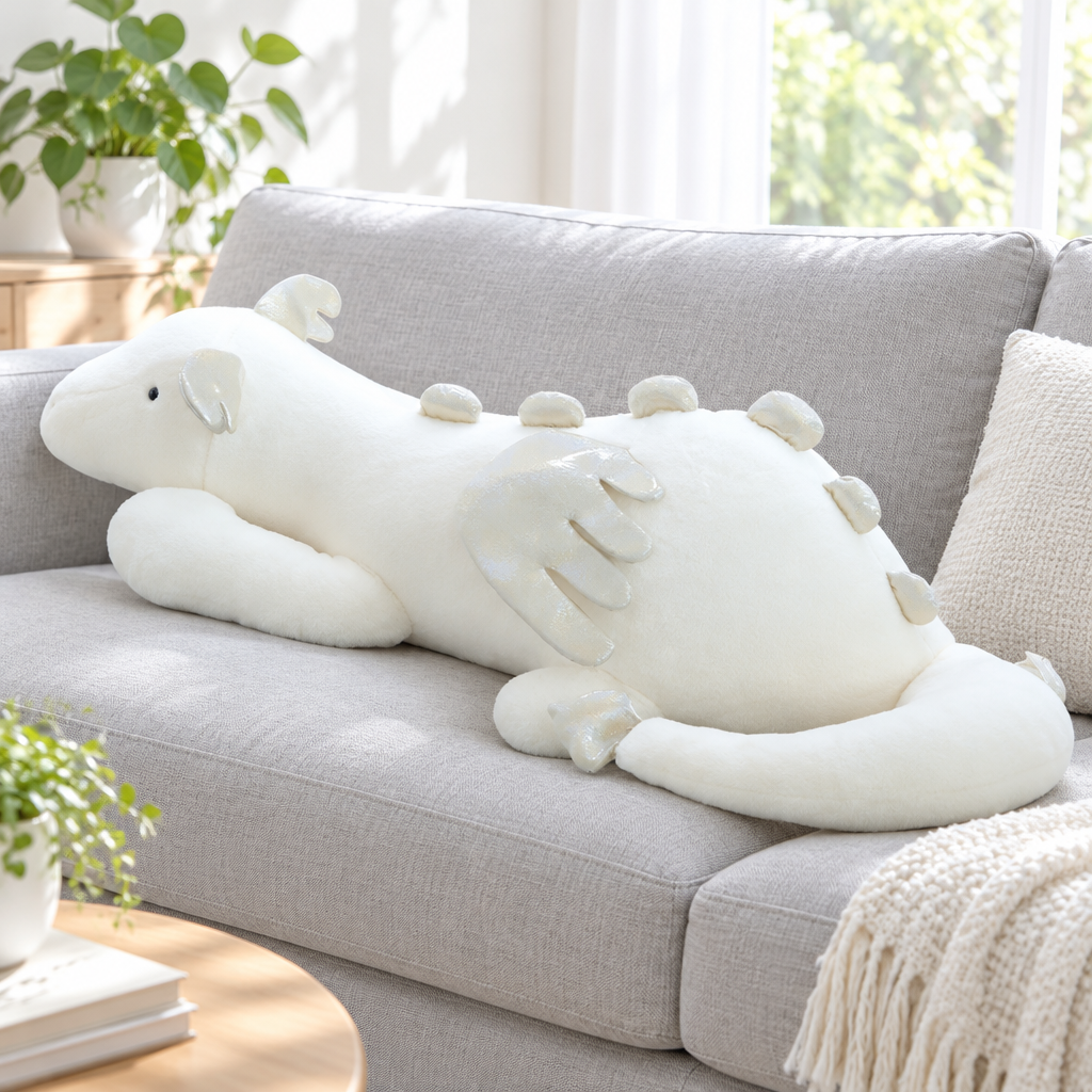 White long dragon plushie pillow on a living room sofa