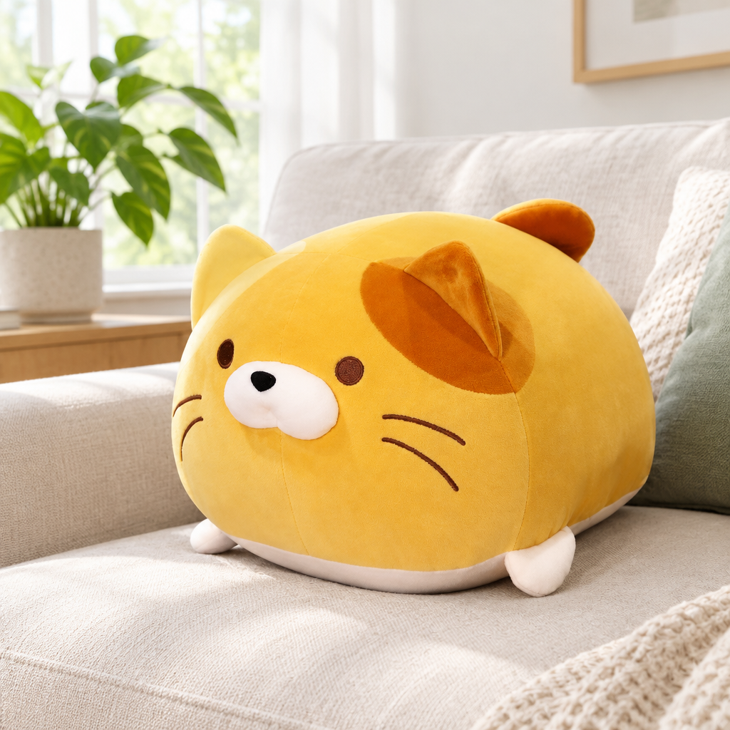 Brown chubby cat plushie on a living room sofa
