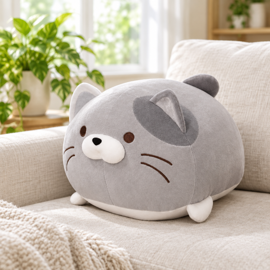 Grey chubby cat plushie on a living room sofa